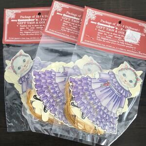Gift Tags Die Cut Lot of 3 Packs of w/ Gold Cords Vintage 1985 Kitty Cucumber
